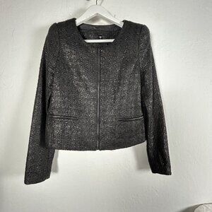 Joe's Women's Black Metallic Textured Tweed Short Blazer Jacket Large Zip Front